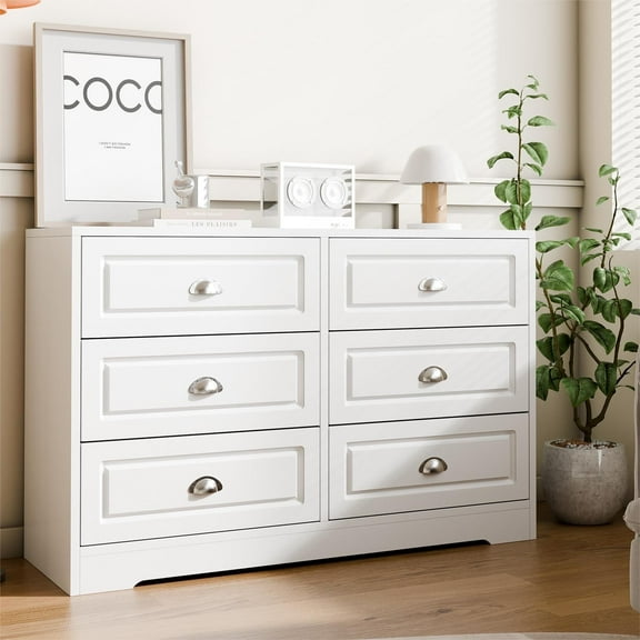 Walsunny 6 Drawer Wooden Dressers for Bedroom Adult with Metal Handles Modern Chest of Dresser Organizer Wood Storage Cabinet White