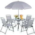 thumbnail image 1 of Walsunny 6 Piece Patio Furniture Set with Umbrella, Outdoor Patio Dining Set with 4 Folding Chairs and Tempered Glass Dining Table, Silver, 1 of 8
