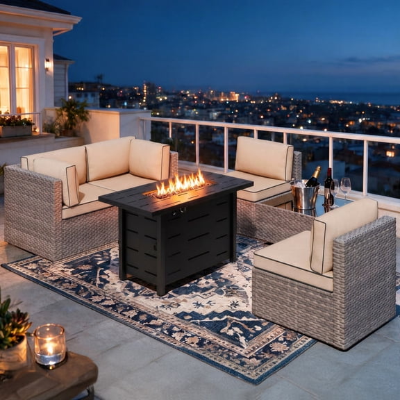 Walsunny 6 Piece Outdoor Patio Furniture Set with 43" Gas Fire Pit Table, 50,000 BTU Propane Fire Pit, 5-Piece Wicker Sectional Sofa Set, Glass Coffee Table, Silver Rattan Khaki Cushion