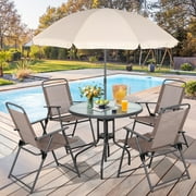 Walsunny 6 Piece Patio Furniture Set with Umbrella, Outdoor Patio Dining Set with 4 Folding Chairs and Tempered Glass Dining Table, Brown