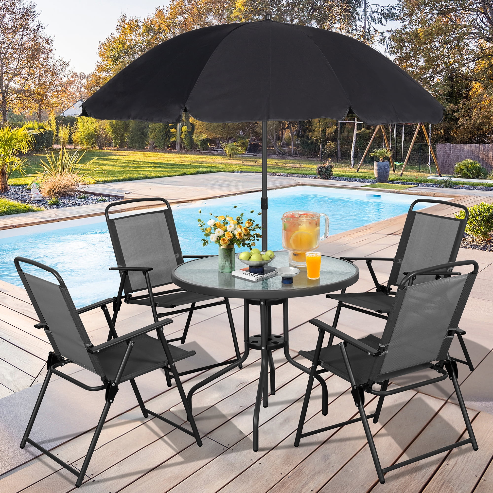 The Coupon deal of  Walsunny 6 Piece Space-Saving Patio Dining Set with Umbrella, 4 Folding Chairs & Tempered Glass Table, Black