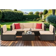 Walsunny 6 Pieces Patio Furniture Sets Outdoor All-Weather Sectional Patio Sofa Set PE Rattan Manual Weaving Wicker Patio Conversation Set Beige