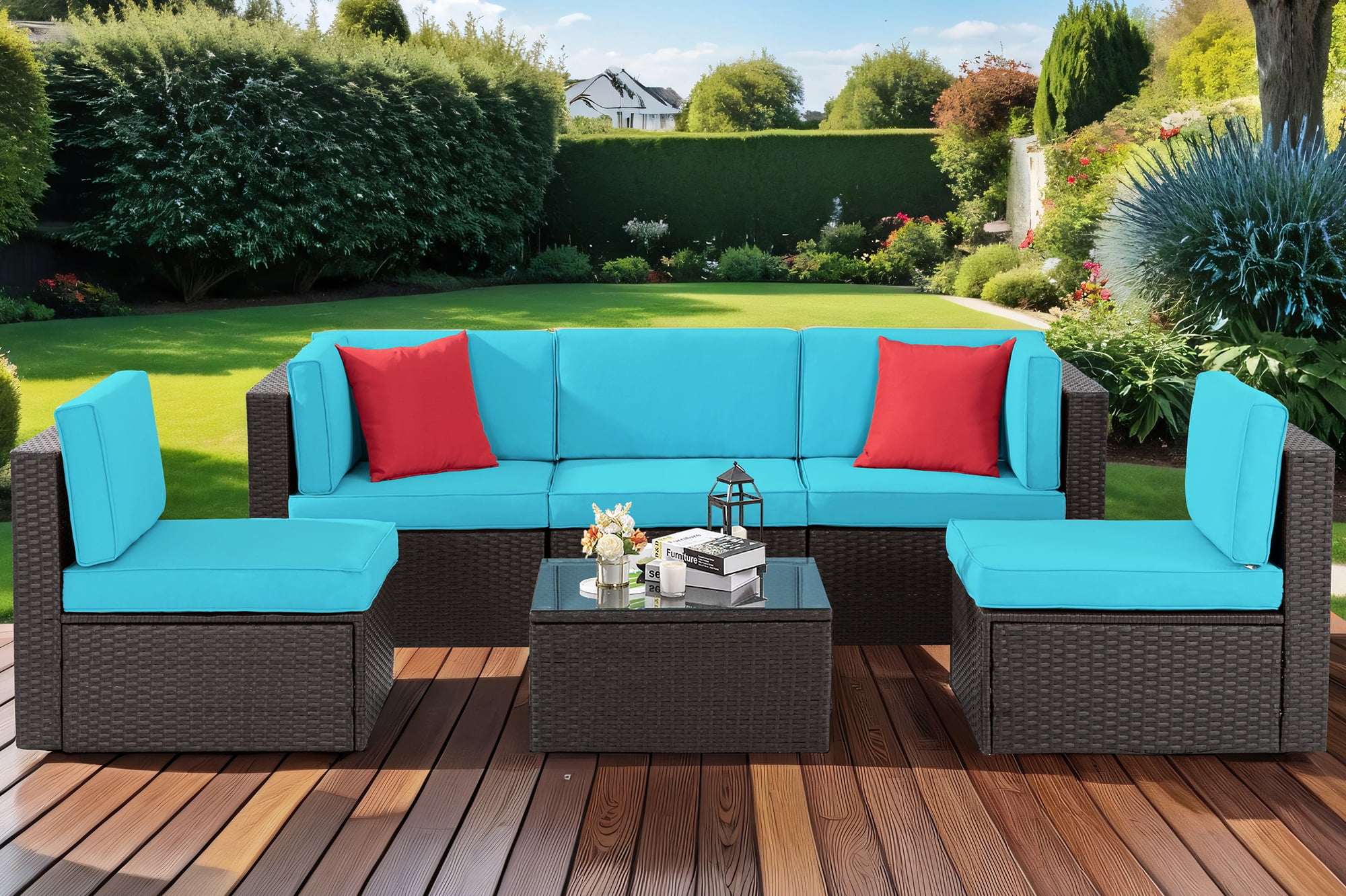 Shintenchi 5 Pieces Patio Furniture Sets Outdoor All-Weather Sectional Patio Sofa Set PE Rattan Manual Weaving Wicker Patio Conversation Set With Glass Table&Ottoman Cushion And Red Pillows (Brown)