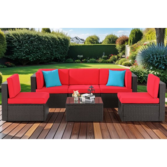 Walsunny 6 Pieces Patio Furniture Sets Outdoor All-Weather Sectional Patio Sofa Set PE Rattan Manual Weaving Wicker Patio Conversation Set Red