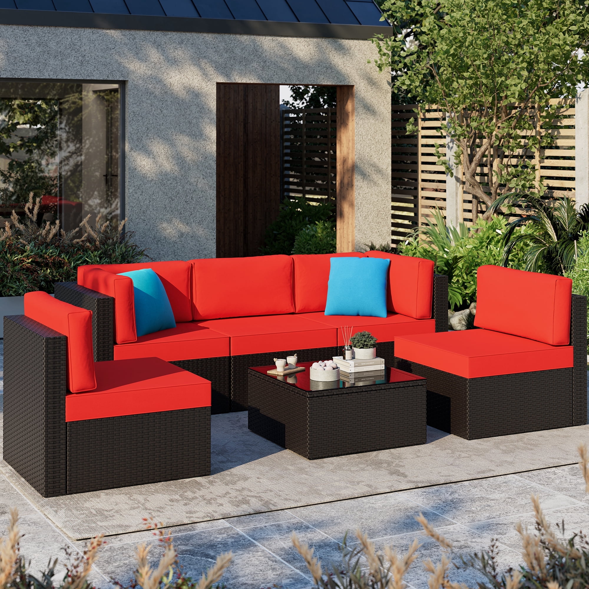 Patio Furniture Set, Walsunny 6 Piece All Weather Outdoor Sectional Sofa, Wicker Patio Conversation Set with Cushions and Tempered Glass Table for Backyard Porch, Red
