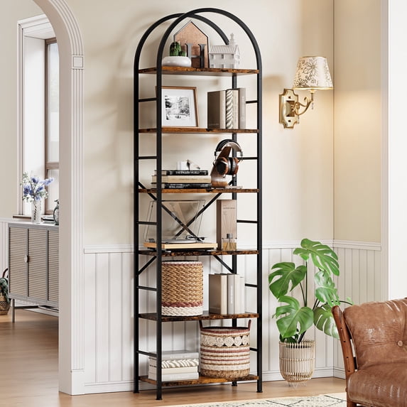 Walsunny 6-Tier Arched Bookshelf Industrial Open Storage Shelf, Display Bookshelves with Metal Frame, Rustic Wood Tall Bookcase for Living Room, Home Office, Brown