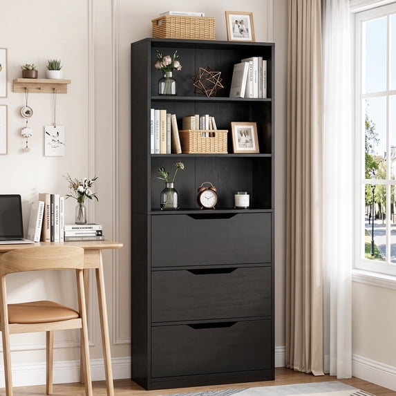 Walsunny Bookshelf with 3 Large Drawers 71" Wooden Storage Bookcase with 3 Display Shelves for Living Room Home Office Black