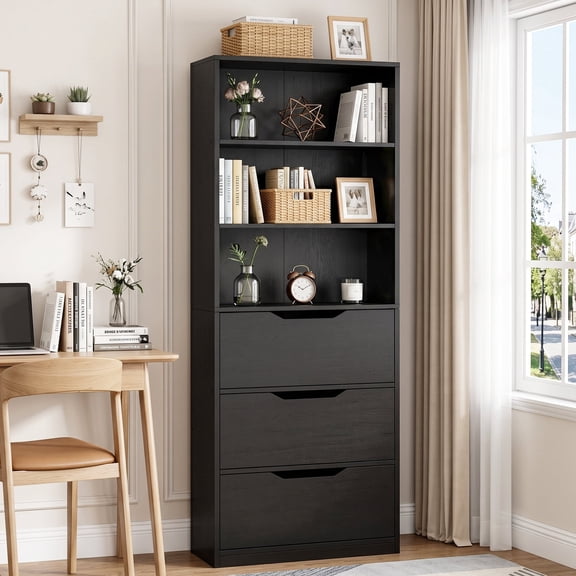 Walsunny Bookshelf with 3 Large Drawers 71" Wooden Storage Bookcase with 3 Display Shelves for Living Room Home Office Black