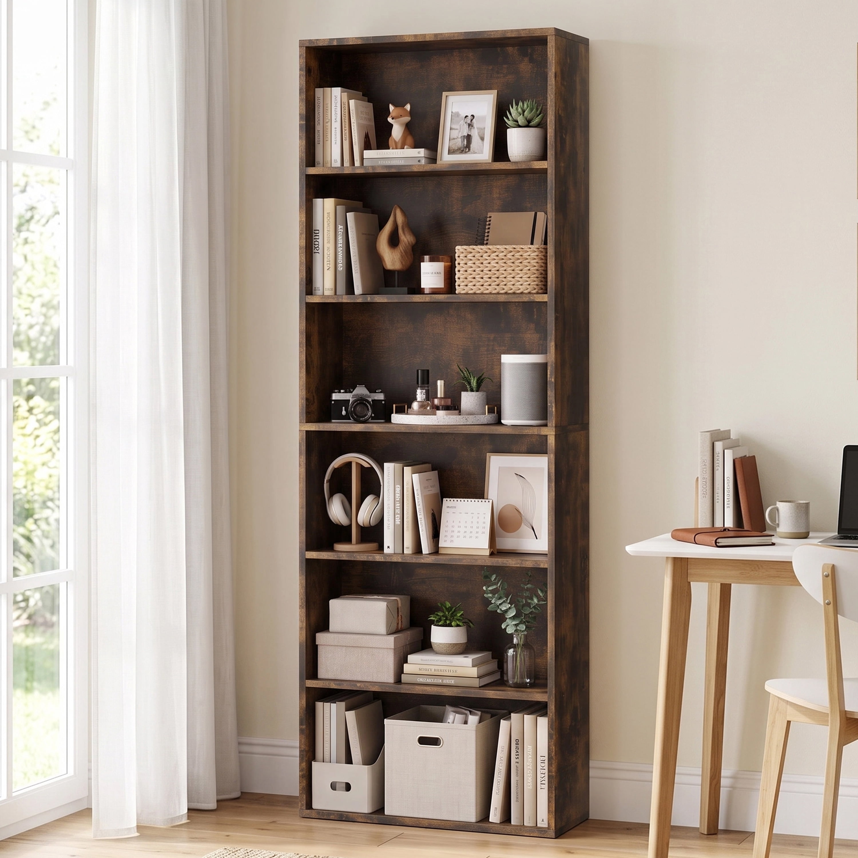 Walsunny 6 Tier Bookshelf, Wooden Bookcase with Storage, 71