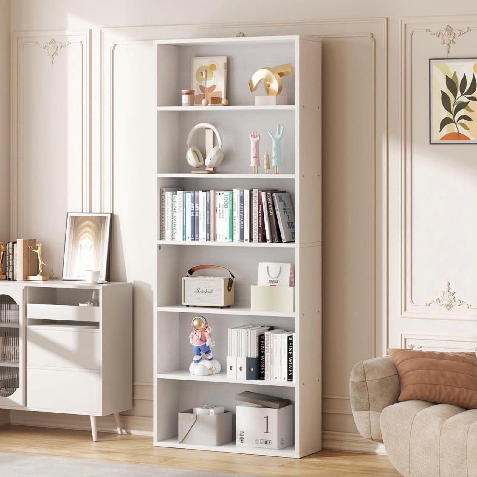 Walsunny 6 Tier Bookshelf Standard Wooden Bookcase Display Shelf with Storage Anti-tipping Device for Home Office Living Room White