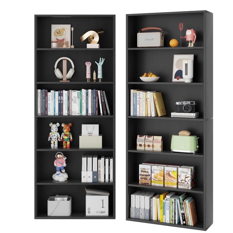 Walsunny 6 Tier Bookshelves Set of 2 Standard Wooden Bookcases Display Shelves with Storage Anti-tipping Device for Home Office Living Room Black