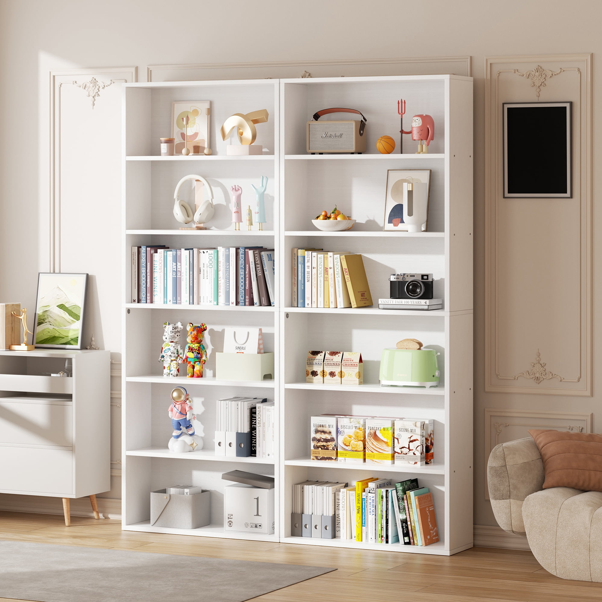 Walsunny 6 Tier Bookshelves Set of 2 Standard Wooden Bookcases Display Shelves with Storage Anti-tipping Device for Home Office Living Room, White