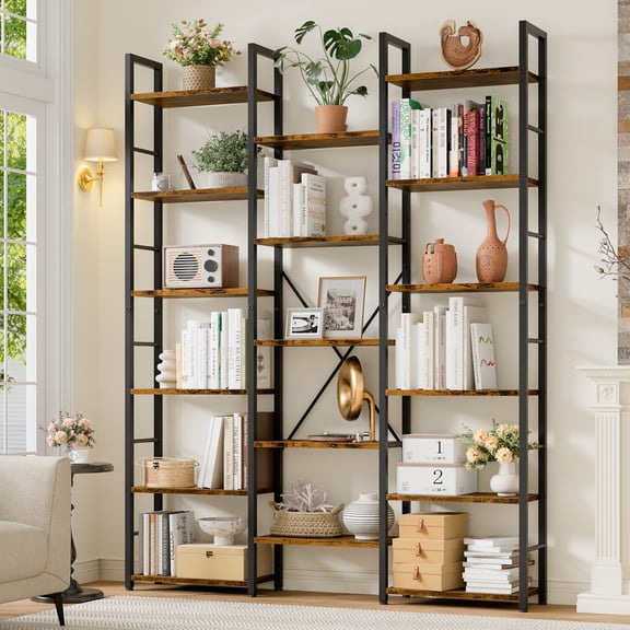 Walsunny 6-Tier Triple Wide Bookshelf, Large Bookcase with Metal Frame, Industrial Bookshelf with 17 Open Display Shelves for Living Room Home Office, Rustic Brown