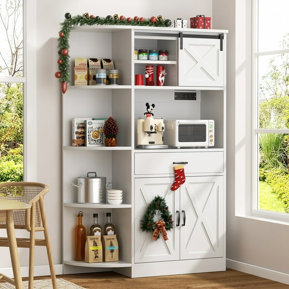 Walsunny 60.4" Kitchen Pantry Storage Cabinet with Adjustable Shelves, Racks and Doors Freestanding Kitchen Hutch Cupboard