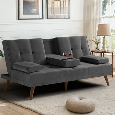Walsunny 60' Convertible Loveseat Couch Small Folding Sofa Bed Removable Armrest, Modern Futon Recliner Sleeper with 2 Cup Holder Dark Gray