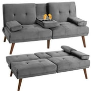 Walsunny 60" Convertible Sofa Bed Small Folding Loveseat Couch Removable Armrest, Modern Futon Recliner Sleeper with 2 Cup Holder Light Gray