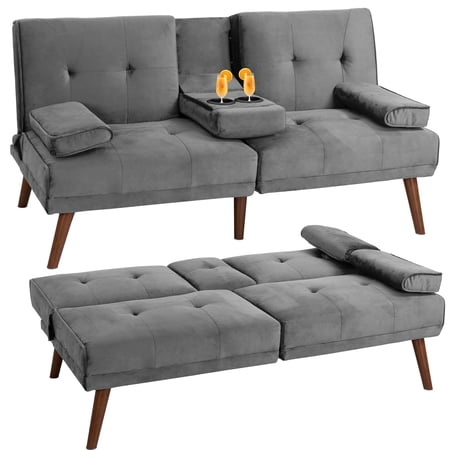 Walsunny 60" Convertible Sofa Bed Small Folding Loveseat Couch Removable Armrest, Modern Futon Recliner Sleeper with 2 Cup Holder Light Gray
