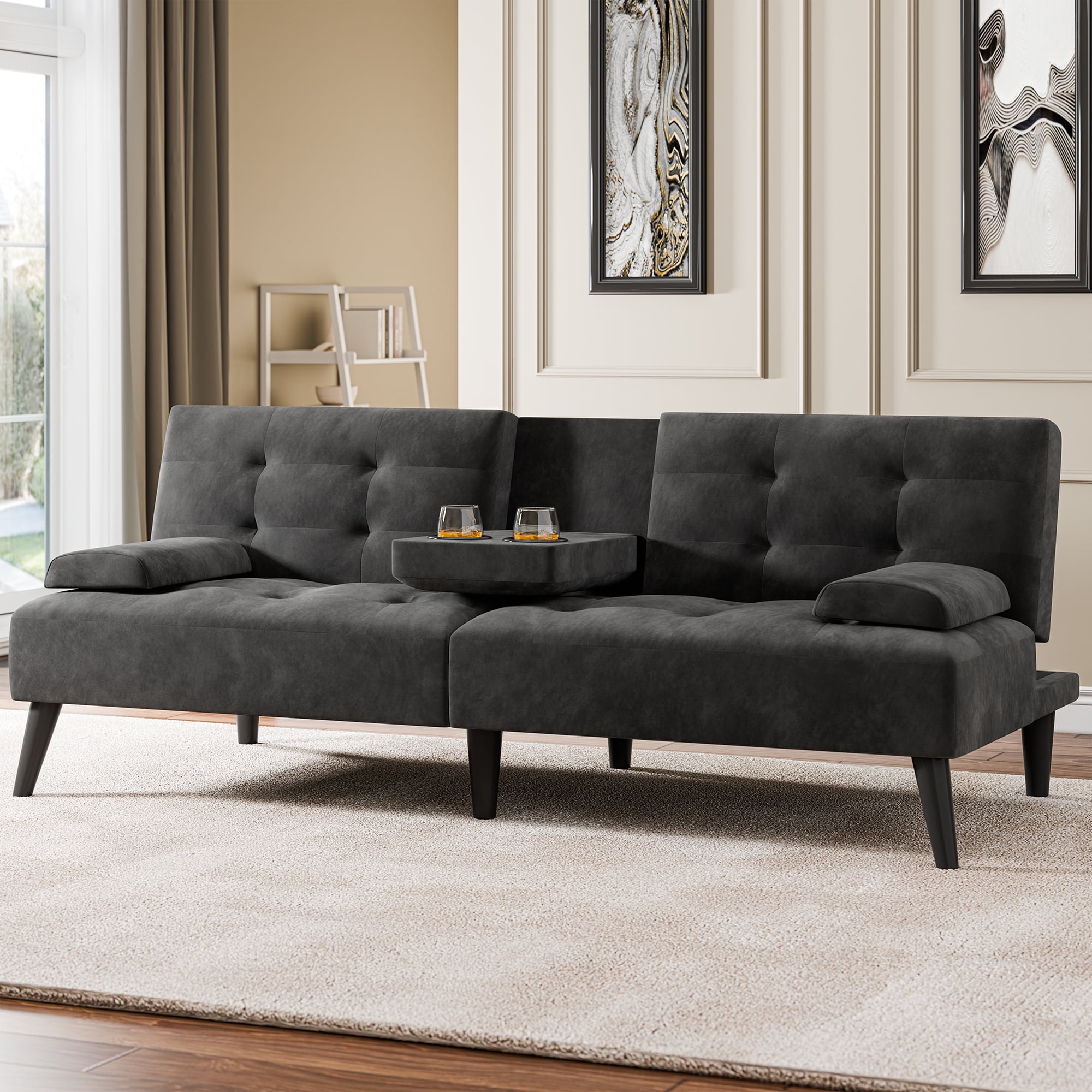 Walsunny 64" Sofa Bed Futon Couches, Folding Loveseat Recliner with 3-Angle Adjustment, Removable Arms 2 Cup Holders for Small Spaces,Black