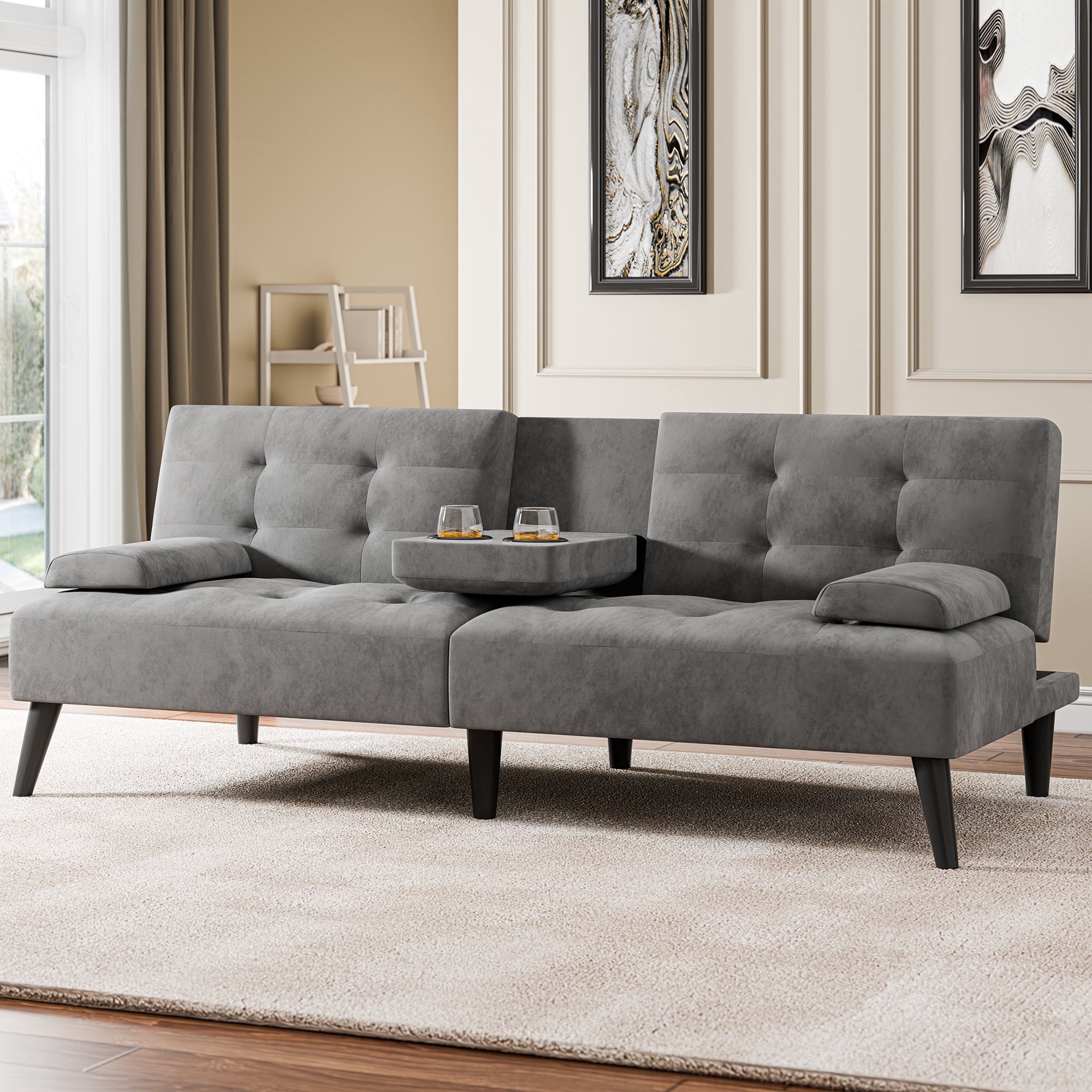 Walsunny 64" Sofa Bed Futon Couches, Folding Loveseat Recliner with 3-Angle Adjustment, Removable Arms 2 Cup Holders for Small Spaces,Gray