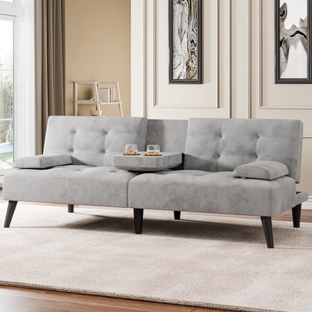 Walsunny 64" Sofa Bed Futon Couches, Folding Loveseat Recliner with 3-Angle Adjustment, Removable Arms 2 Cup Holders for Small Spaces,Light Gray
