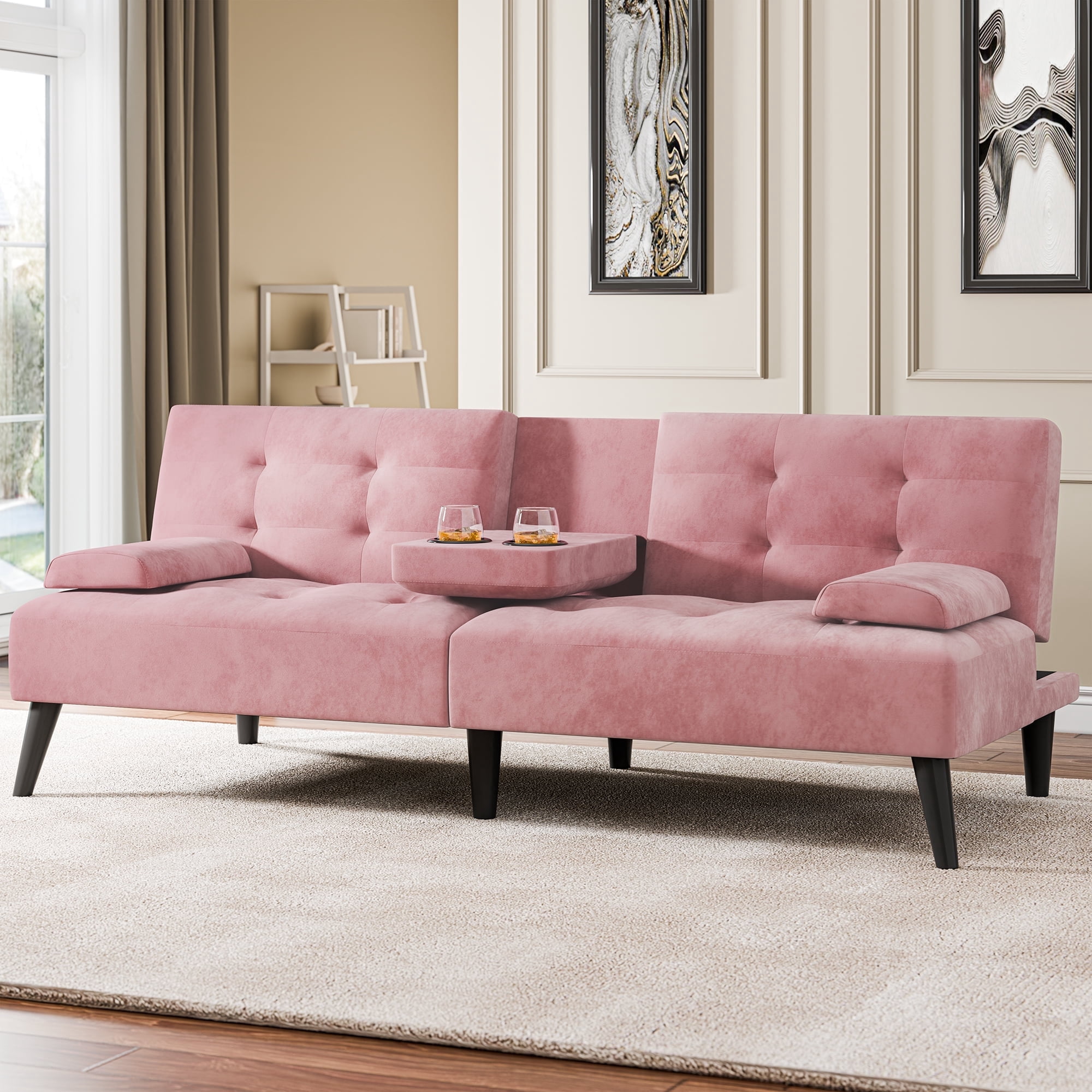 Walsunny 64" Sofa Bed Futon Couches, Folding Loveseat Recliner with 3-Angle Adjustment, Removable Arms 2 Cup Holders for Small Spaces,Pink