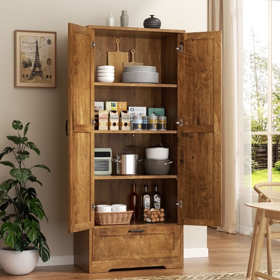 Walsunny 65" Tall Pantry Cabinet Wood Food Cabinet Pantry Storage Organizer Freestanding with 2 Doors 4 Shelves 1 Drawer for Kitchen Dining Room Living Room Brown