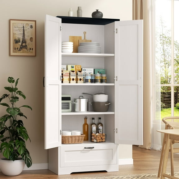 Walsunny 65" Tall Pantry Cabinet Wood Food Cabinet Pantry Storage Organizer Freestanding with 2 Doors 4 Shelves 1 Drawer for Kitchen Dining Room Living Room White