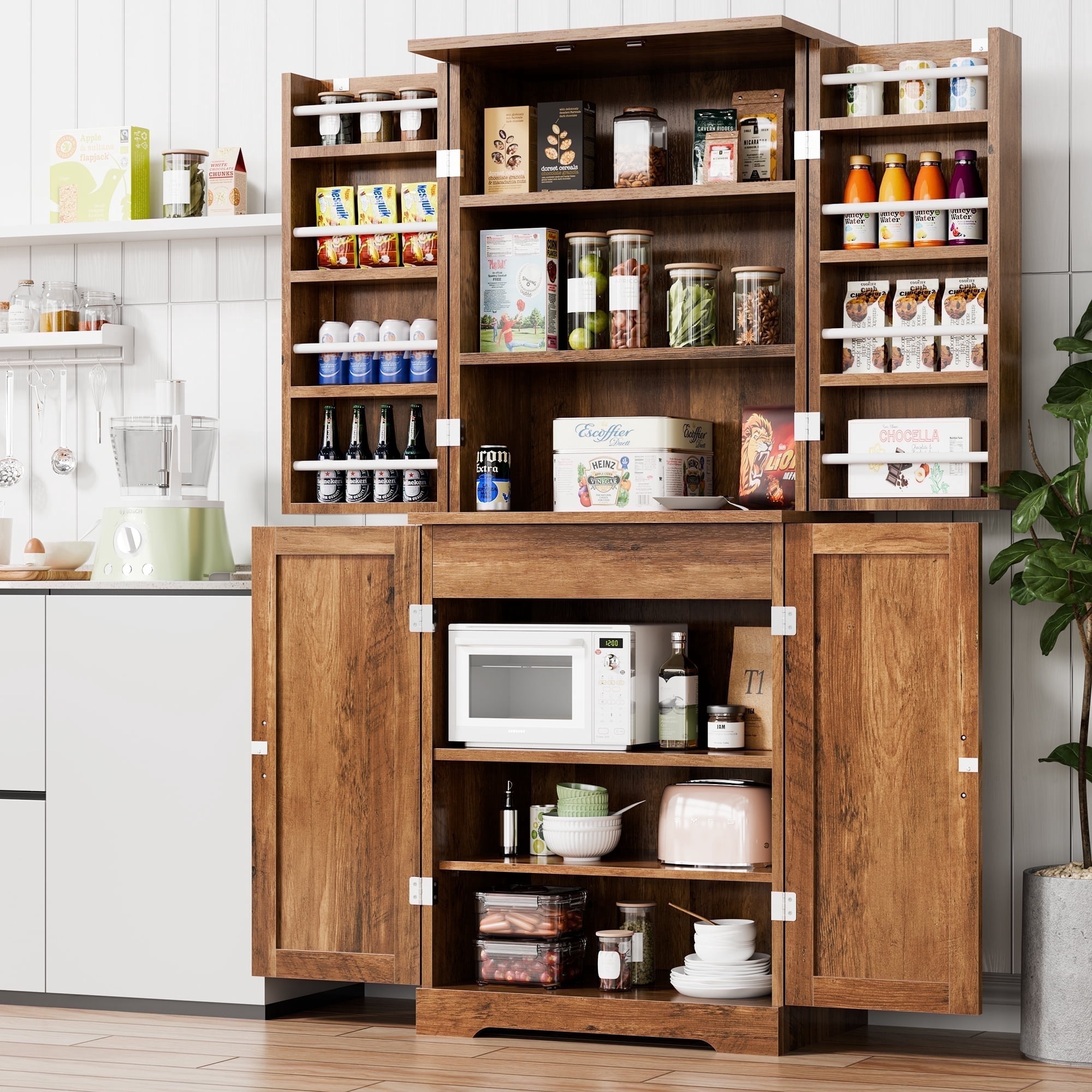 Walsunny Pantry Cabinets with Drawer Doors Shelves 67 Inches Tall Wooden Food Storage Cabinet Freestanding for Microwave Kitchen Storage Dining Room Rustic Brown