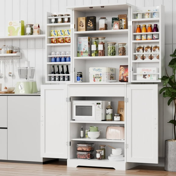 Walsunny Pantry Cabinets with Drawer Doors Shelves 67 Inches Tall Wooden Food Storage Cabinet Freestanding for Microwave Kitchen Storage Dining Room White