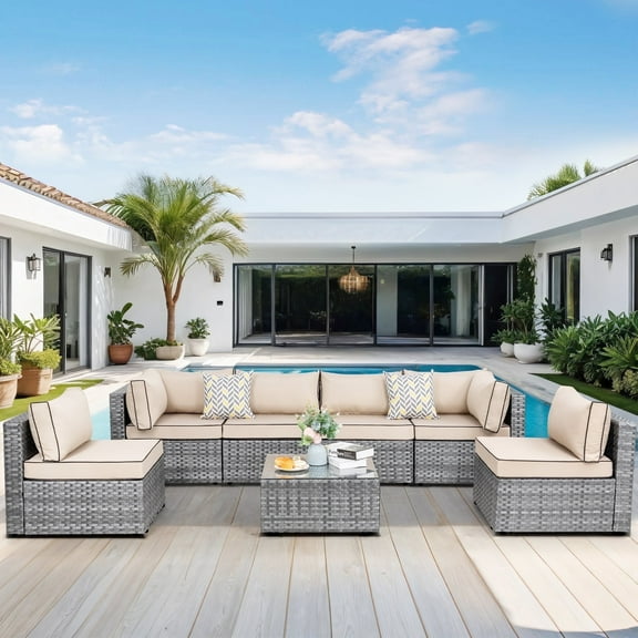 Walsunny 7 Piece Outdoor Patio Conversation Set, Rattan Sectional Sofa Set, All-Weather Outdoor Modern Sectional Furniture Wicker Couch with Glass Coffee Table, for Patio Deck Garden Pool,Khaki