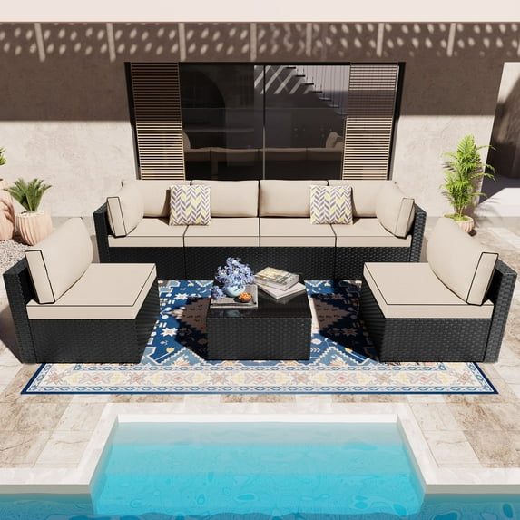 Walsunny 7 Piece Outdoor Patio Conversation Set, Rattan Sectional Sofa Set, All-Weather Outdoor Modern Sectional Furniture Wicker Couch with Glass Coffee Table, for Patio Deck Garden Pool,Khaki
