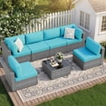 thumbnail image 1 of Walsunny 7 Piece Outdoor Patio Furniture Set, All-Weather PE Rattan Wicker Modular Sectional Conversation Sofa Set with Thick Cushions & Glass Coffee Table for Backyard, Poolside, Garden, Blue, 1 of 8