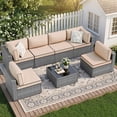 thumbnail image 1 of Walsunny 7 Piece Outdoor Patio Furniture Set, All-Weather PE Rattan Wicker Modular Sectional Conversation Sofa Set with Thick Cushions & Glass Coffee Table for Backyard, Poolside, Garden,Khaki, 1 of 9