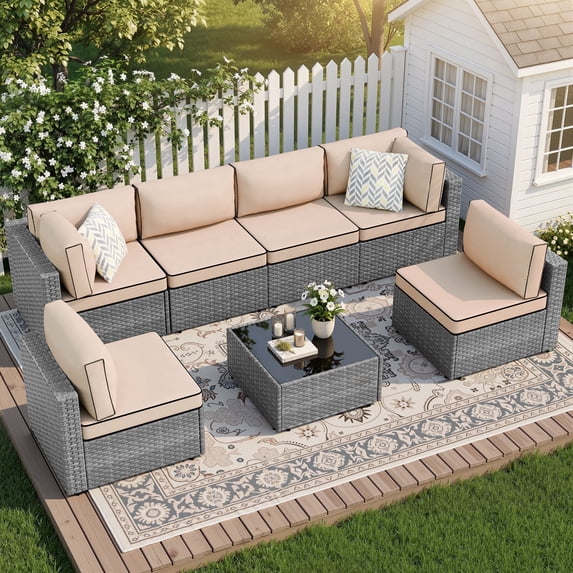 Walsunny 7 Piece Outdoor Patio Furniture Set, All-Weather PE Rattan Wicker Modular Sectional Conversation Sofa Set with Thick Cushions & Glass Coffee Table for Backyard, Poolside, Garden,Khaki