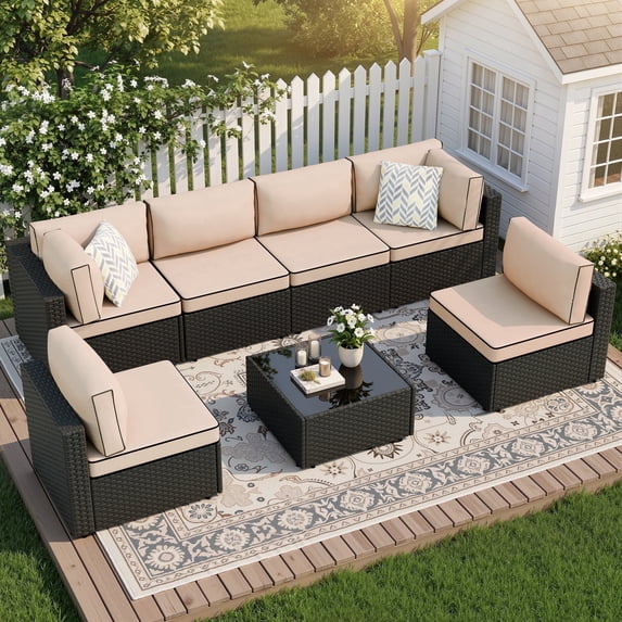 Walsunny 7 Piece Outdoor Patio Furniture Set, All-Weather PE Rattan Wicker Modular Sectional Conversation Sofa Set with Thick Cushions & Glass Coffee Table for Backyard, Poolside, Garden,Khaki