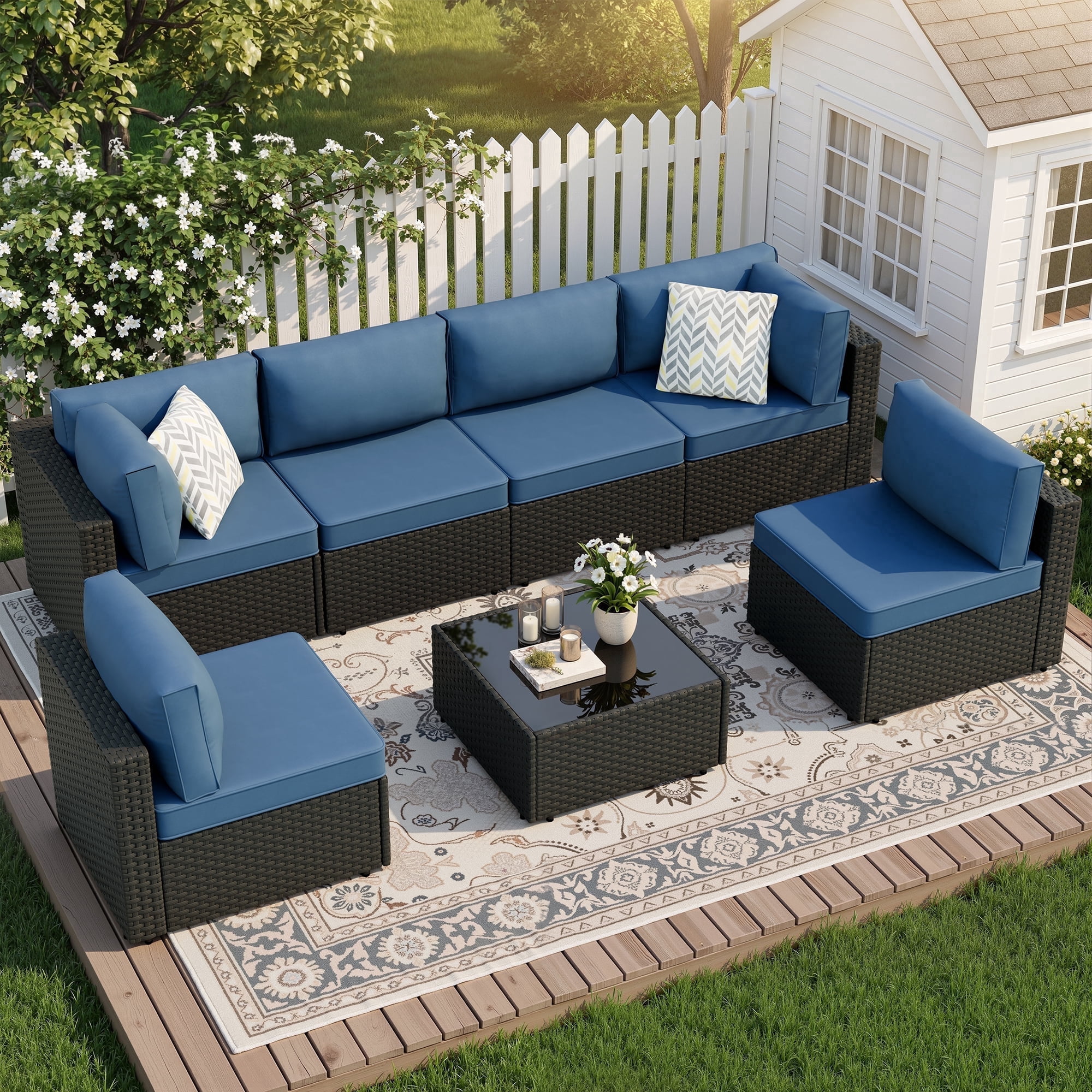 Walsunny 7 Piece Outdoor Patio Furniture Set, All-Weather PE Rattan Wicker Modular Sectional Conversation Sofa Set with Thick Cushions & Glass Coffee Table for Backyard, Poolside, Garden, Aegean Blue