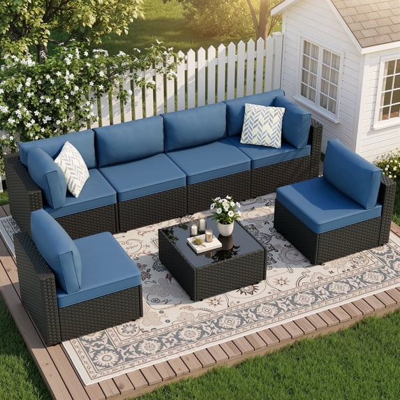 Walsunny 7 Piece Outdoor Patio Furniture Set, All-Weather PE Rattan Wicker Modular Sectional Conversation Sofa Set with Thick Cushions & Glass Coffee Table for Backyard, Poolside, Garden, Aegean Blue