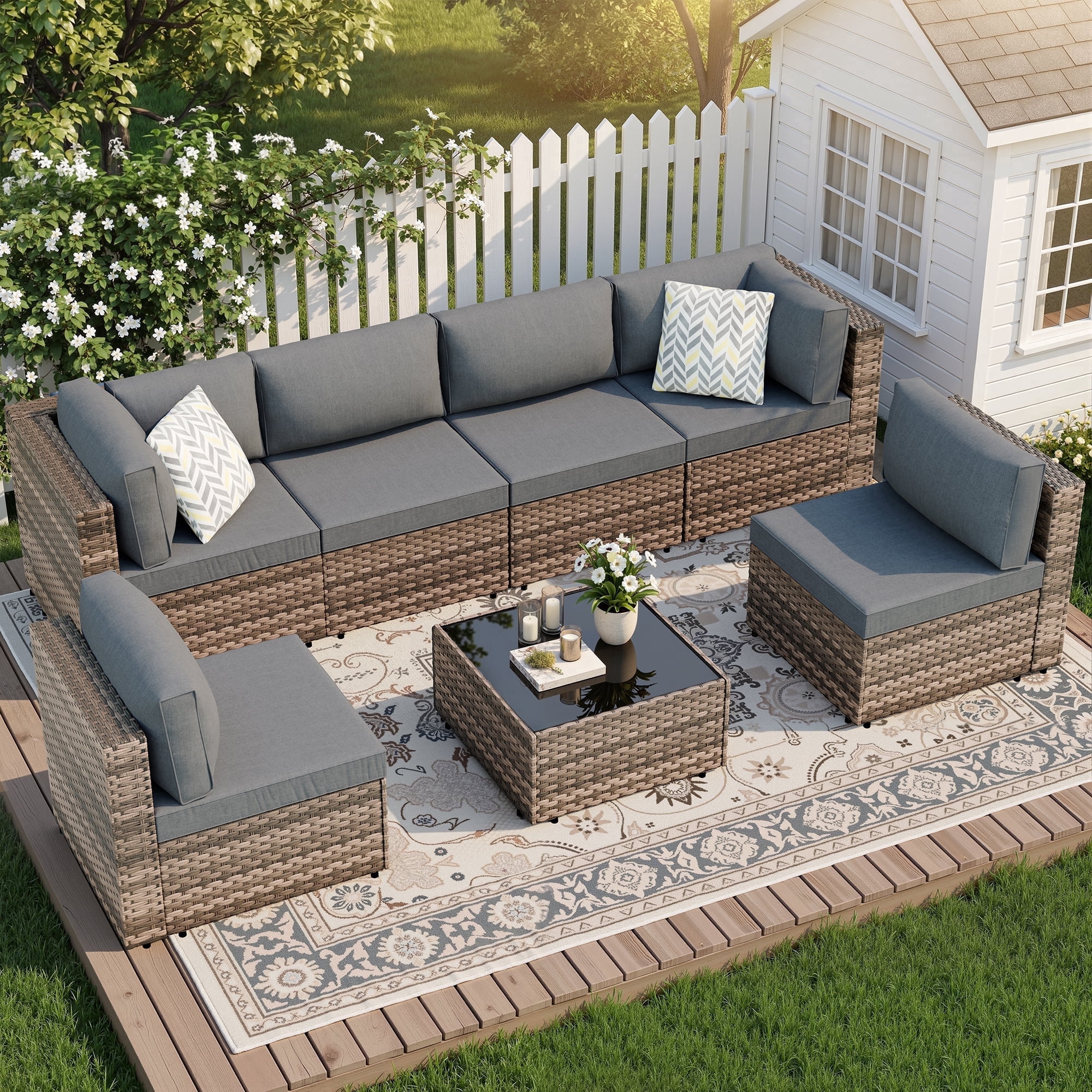 Walsunny 7 Piece Outdoor Patio Furniture Set, All-Weather PE Rattan Wicker Modular Sectional Conversation Sofa Set with Thick Cushions & Glass Coffee Table for Backyard, Poolside, Garden,Gray