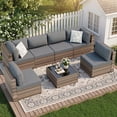 thumbnail image 1 of Walsunny 7 Piece Outdoor Patio Furniture Set, All-Weather PE Rattan Wicker Modular Sectional Conversation Sofa Set with Thick Cushions & Glass Coffee Table for Backyard, Poolside, Garden,Gray, 1 of 7