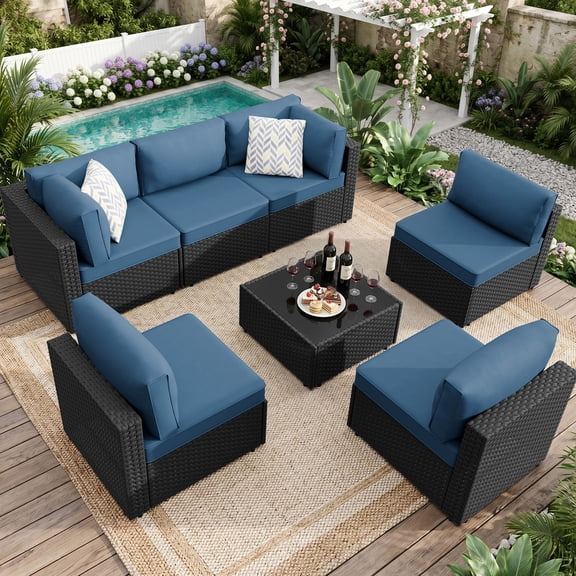 Walsunny 7 Piece Outdoor Patio Furniture Set, All-Weather PE Rattan Wicker Modular Sectional Conversation Sofa Set with Thick Cushions & Glass Coffee Table for Backyard, Poolside, Garden, Aegean Blue