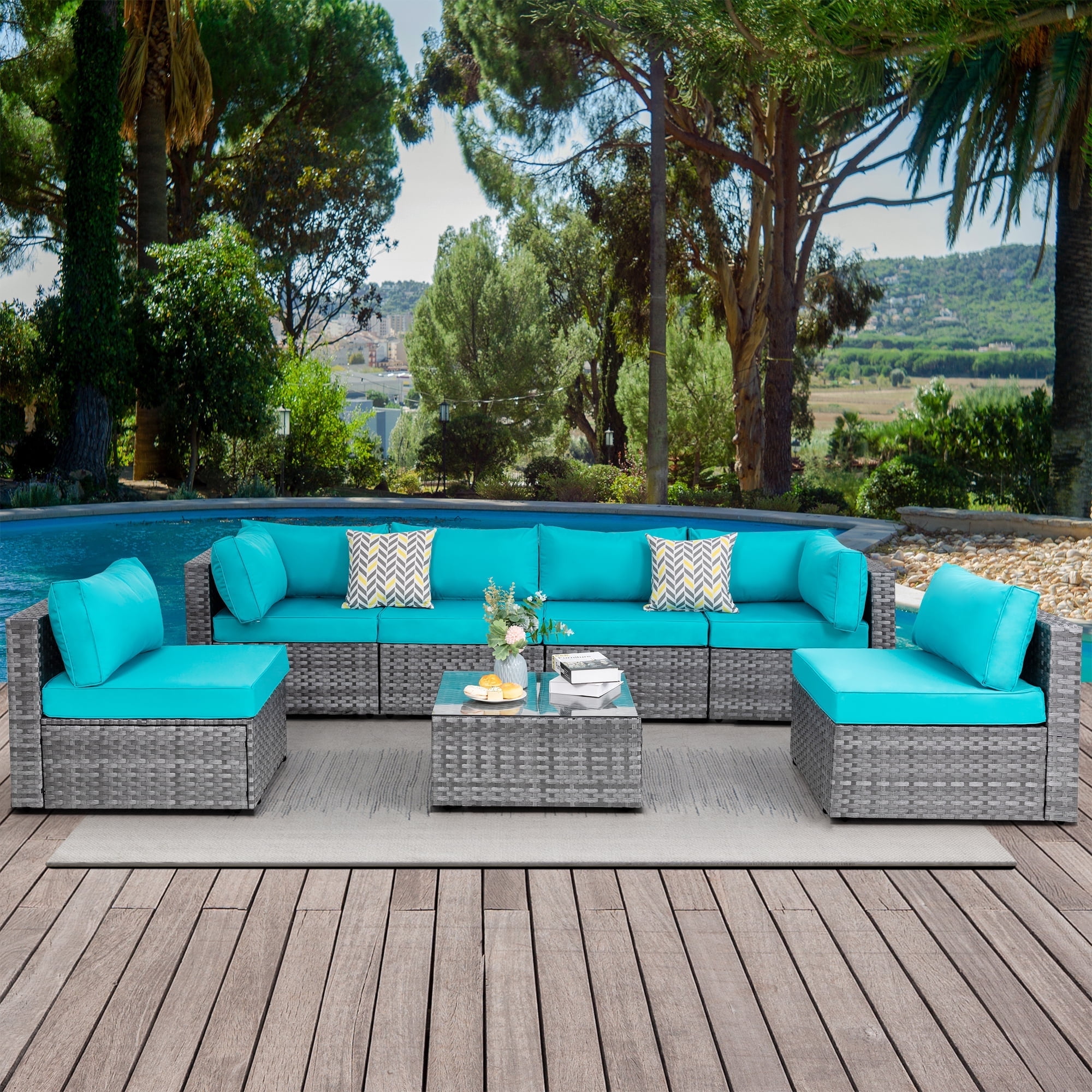 Walmart daily deals:  Walsunny Outdoor Patio Sectional Sofa Set Rattan Wicker with Blue Cushions and Glass Coffee Table