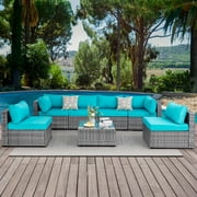 Walsunny 7 Piece Outdoor Patio Conversation Set, Rattan Sectional Sofa Set, All-Weather Outdoor Modern Sectional Furniture Wicker Couch with Glass Coffee Table, for Patio Deck Garden Pool, Blue