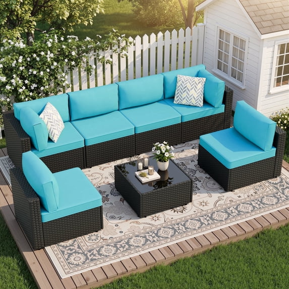 Walsunny 7 Piece Outdoor Patio Furniture Set, All-Weather PE Rattan Wicker Modular Sectional Conversation Sofa Set with Thick Cushions & Glass Coffee Table for Backyard, Poolside, Garden, Blue