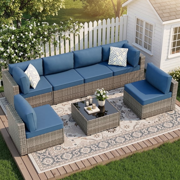 Walsunny 7 Piece Outdoor Patio Furniture Set, All-Weather PE Rattan Wicker Modular Sectional Conversation Sofa Set with Thick Cushions & Glass Coffee Table for Backyard, Poolside, Garden, Aegean Blue