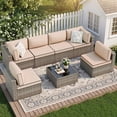 thumbnail image 1 of Walsunny 7 Piece Outdoor Patio Furniture Set, All-Weather PE Rattan Wicker Modular Sectional Conversation Sofa Set with Thick Cushions & Glass Coffee Table for Backyard, Poolside, Garden,Khaki, 1 of 7