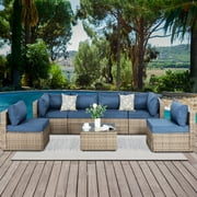 Walsunny 7 Piece Outdoor Patio Furniture Set, PE Rattan Wicker Combination Patio Sofa Chaise with Coffee Table ,Washable Cushions and Side Table Aegean Blue