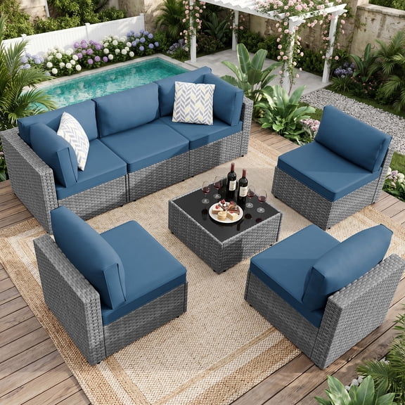 Walsunny 7 Piece Outdoor Patio Furniture Set, All-Weather PE Rattan Wicker Modular Sectional Conversation Sofa Set with Thick Cushions & Glass Coffee Table for Backyard, Poolside, Garden, Aegean Blue