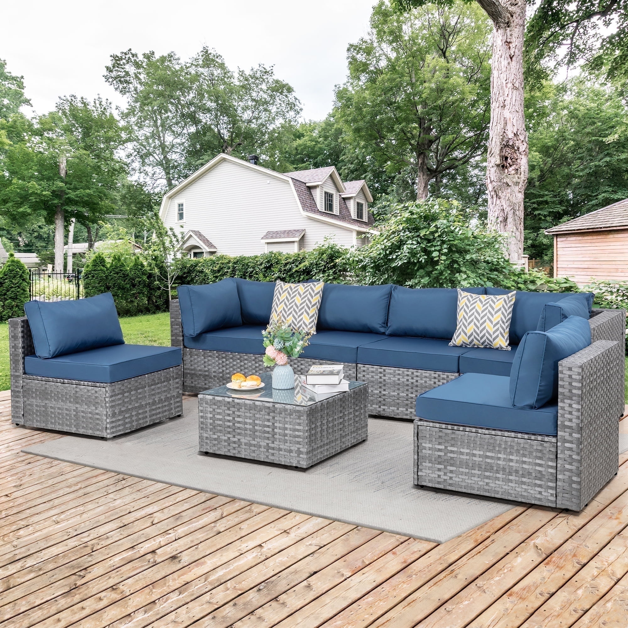 Walsunny 7-Piece Outdoor Backyard Patio Furniture Set, Silver Rattan Wicker Conversation Sectional Sofa, Aegean Blue