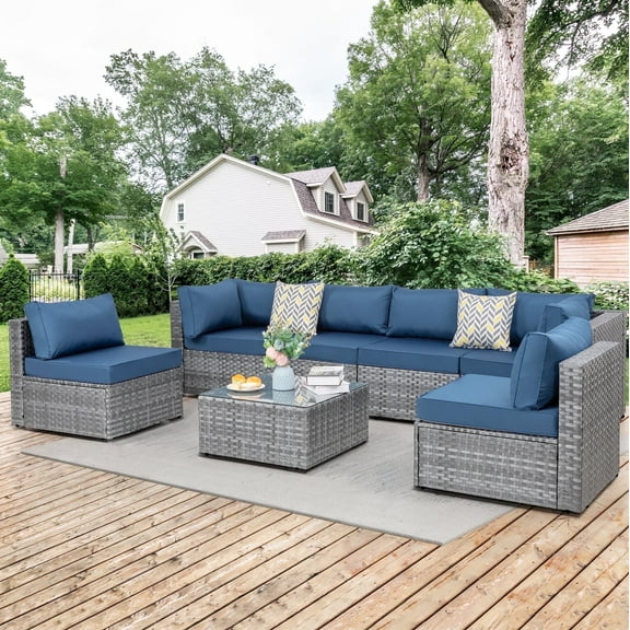 Walsunny 7 Piece Outdoor Patio Conversation Set, Rattan Sectional Sofa Set, All-Weather Outdoor Modern Sectional Furniture Wicker Couch with Glass Coffee Table,Navy Blue