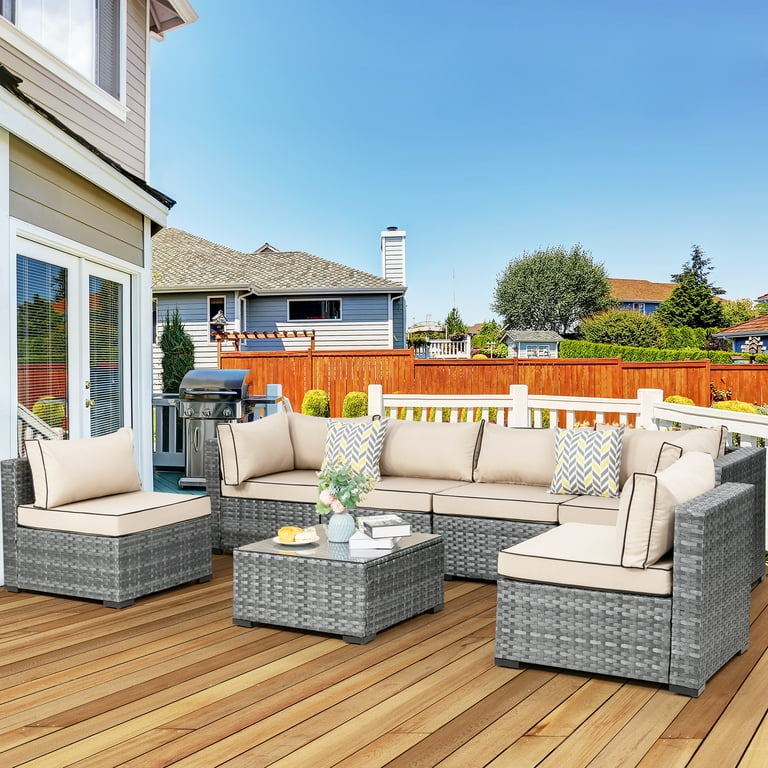 Walsunny 7 Piece Outdoor Patio Furniture Set Wicker Outdoor Conversation Sectional Sofa Set Khaki